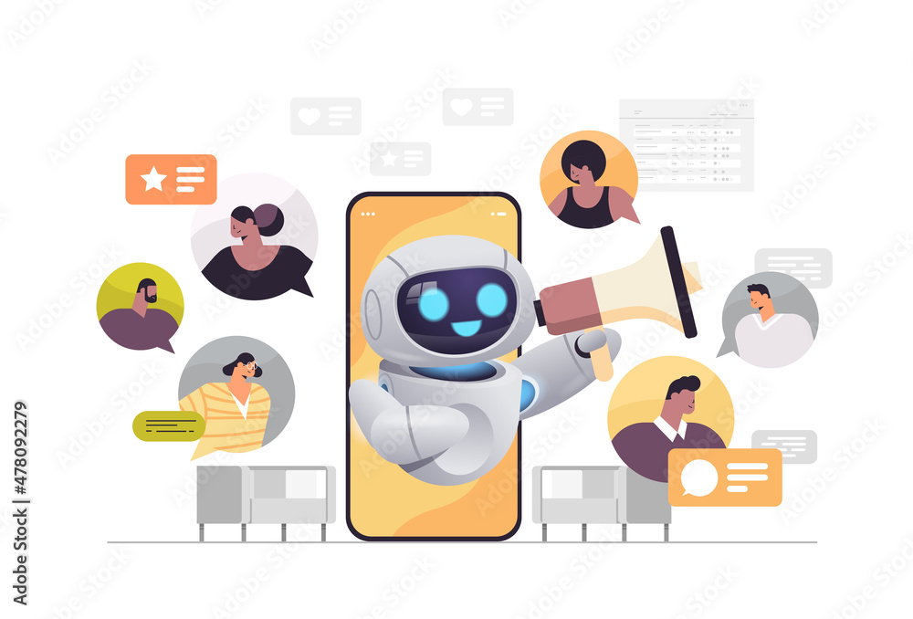 Poster chatbot using loudspeaker discussing with mix race businesspeople during virtual conference on smart
