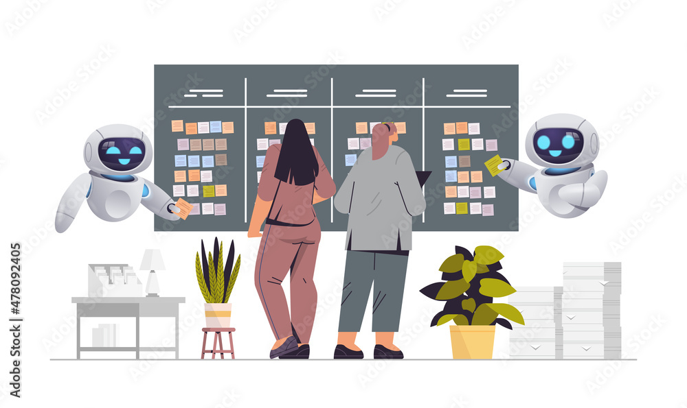 Aufkleber businesswomen with robots helpers planning day scheduling appointment time management artificial int