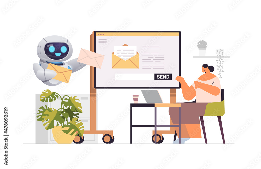 Poster businesswoman with robot helper sending or receiving letters email inbox message notification artifi