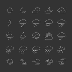 Weather thin line icons on the dark background