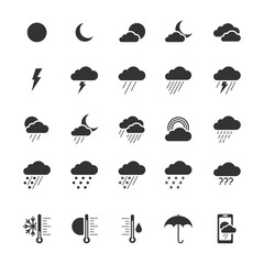 Weather black glyph icons set on the white background