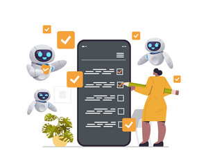 businesswoman with robots marking complete tasks on checklist in mobile app organization artificial intelligence