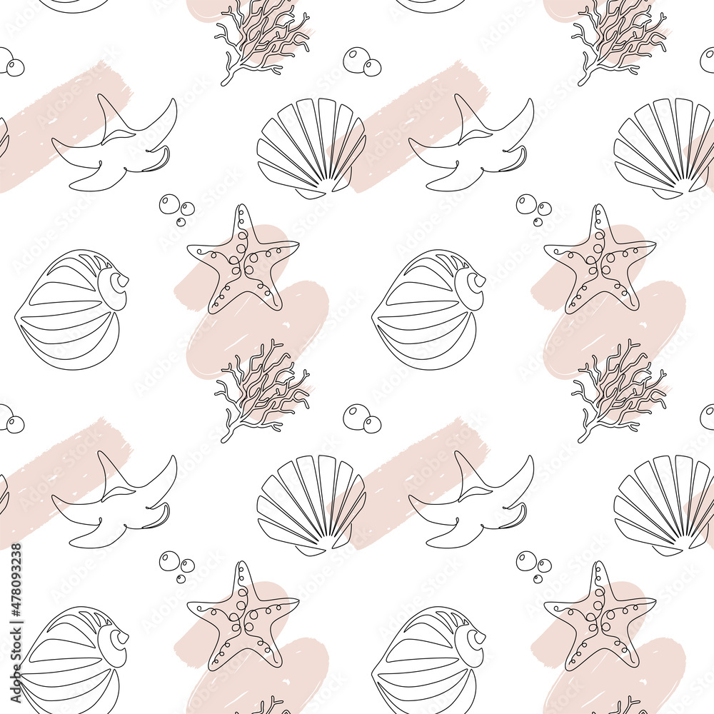 Poster abstract seamless pattern of sea shells and starfishes and underwater animals. elegance outline seas