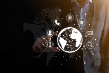 Fototapeta premium Business man hiold, use,press infographic icon of community technology digital.Concept of hi tech and big data. Global connection.IoT Internet of Things . ICT Information Communication Network .