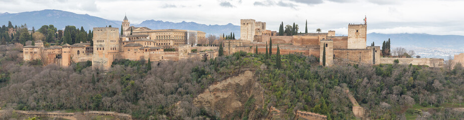 Fototapeta na wymiar Panorama of the Alhambra from Mirador de San Nicolas. Granada, Andalusia, Spain. Islamic Moorish architecture.