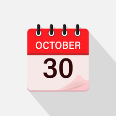 October 30, Calendar icon with shadow. Day, month. Flat vector illustration.