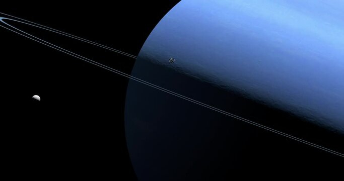 Spaceship overflying Neptune planet and her rings with Triton moon
