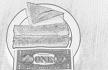 Plate with pancakes and a piece of cake and lying near a one dollar bills. Sketch drawing.