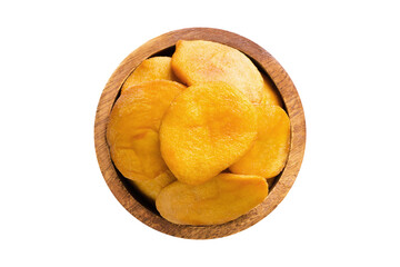 dried fruit, halves peach in wooden bowl isolated on white background. Vegan food, top view.