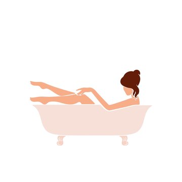 Beautiful woman lies in the bath. The lady is bathing. Stock  flat illustration isolated on white background.