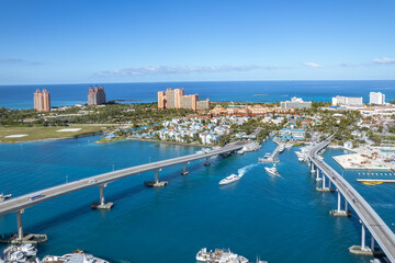 The panoramic view of Paradise Island, Nassau, Bahamas. drone aerial view