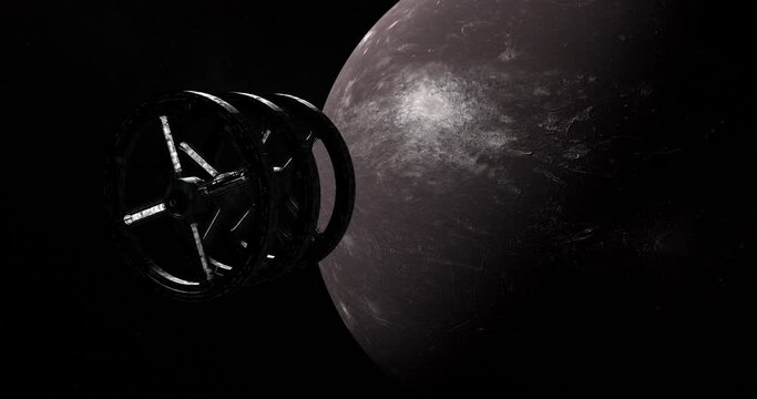 Spaceship overflying Amalthea moon surface