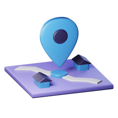 location pin or navigation icon with mini map and mini house 3D rendering.