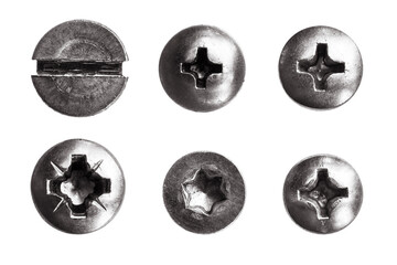 Top view heads of screws metal on a white background.  rivets isolated. Components of the graphic...