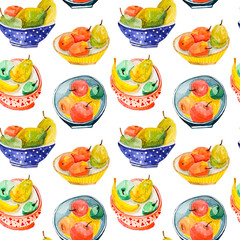 Watercolor seamless pattern of vegetarian still life of fruits on plates. Healthy food. Realistic bananas, pears and apples for printing on fabric and packaging.