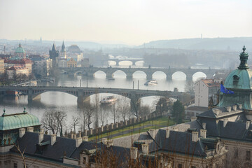 Fototapeta na wymiar View towards Prague bridges from Letna Park, Czech Republic.