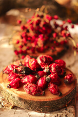 dried red fruits, on white wooden slice, dried rosehips for tea, organic, dried red currants, healthy, organic fruits, vegan food, healthy dessert, breakfast