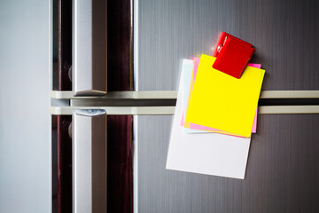 Empty paper sheet on refrigerator door with magnetic clip paper note for add text message.