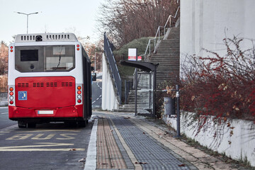 Public transportation bus in urban surroundings.