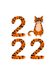 Funny symbol of Happy Chinese New Year 2022. Cartoon tiger and striped numbers isolated on white background. Simple flat illustration style. Vector.