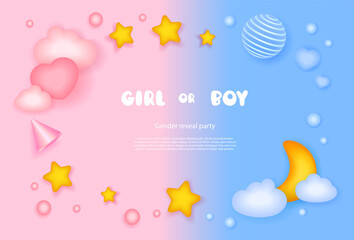Boy or girl poster. Cartoon 3d gender reveal invitation template. Birthday party.