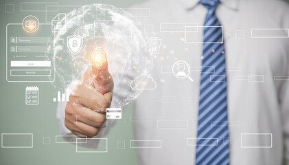 The idea for electronic knows your customer biometrics security, innovation technology against digital cybercrime. Businessman using finger scan identification to access personal security data.