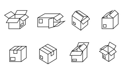 Vector illustration of box icon in outlined style. Suitable for design element of cargo and logistic, shipping and delivery app. Various opened cardboard packaging.