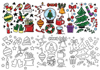 Set of painting digital on christmas element design. sign, christmas hat, globe, tree, gift box