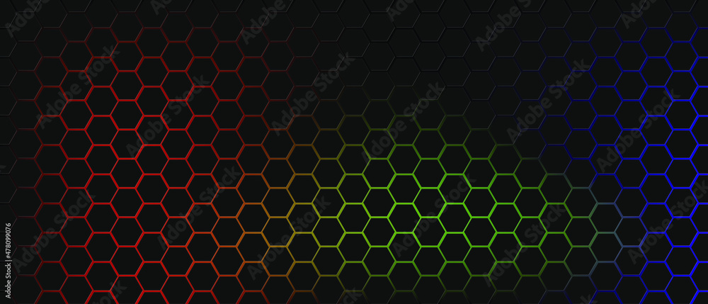 Poster dark gray technology hexagonal background. abstract black pattern of hexagons with gradient backligh