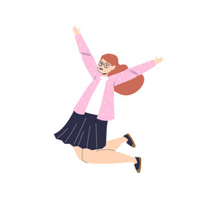 Happy little girl jumping up with raised hands. Happy preschool or schoolgirl kid joyful smiling