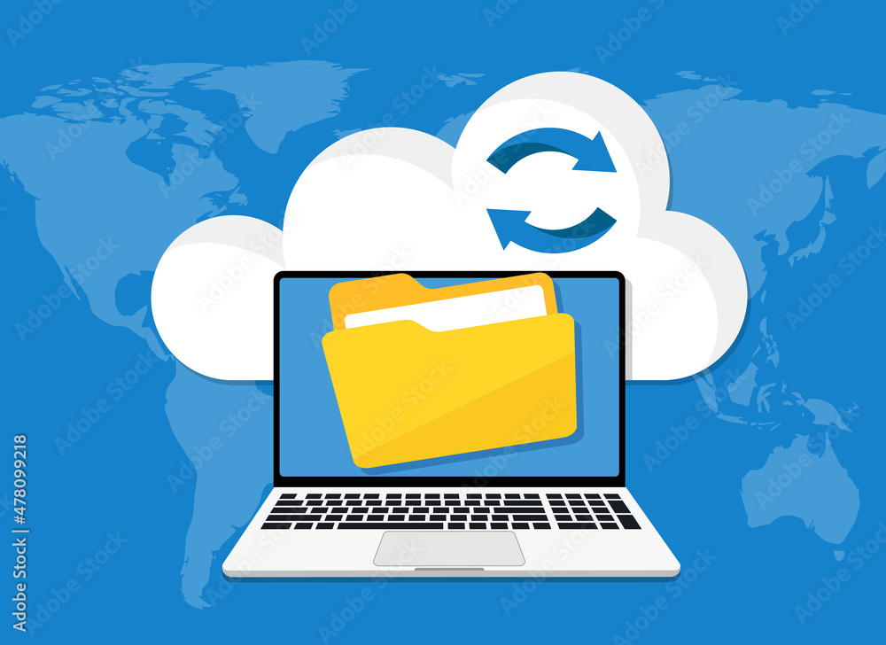 Poster laptop uploads to cloud server, data and database vector icon