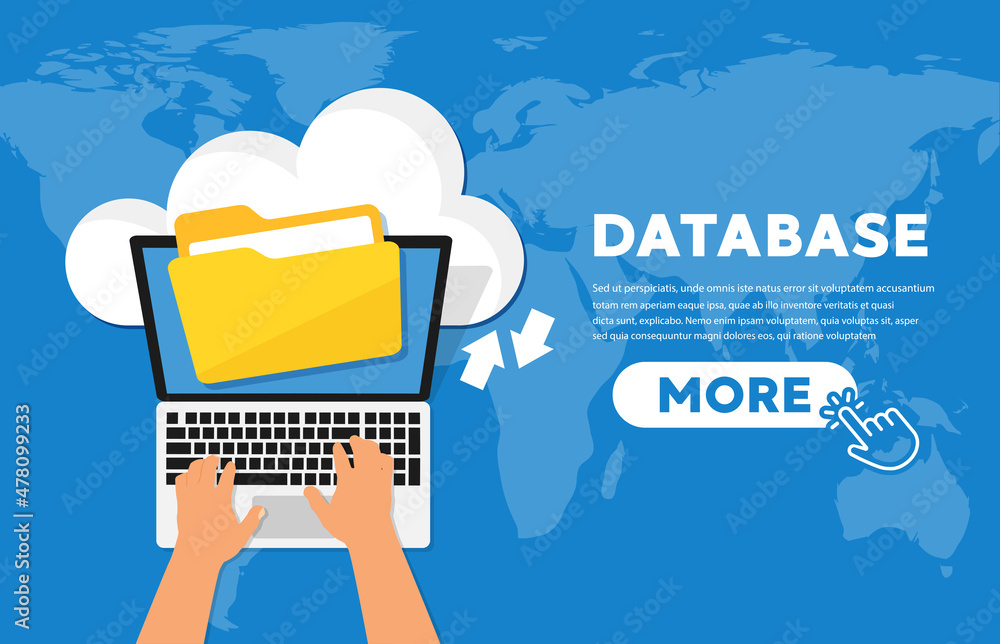Poster laptop uploads to cloud server, data and database vector icon