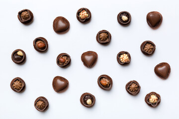 Different kinds of chocolates on colored table close-up. Top View and Flat Lay