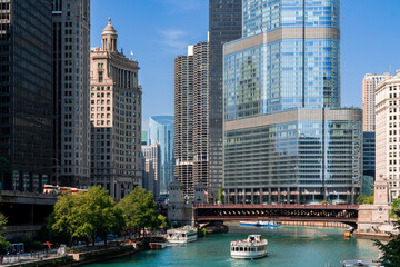 Panorama cityscape of Chicago downtown and River with bridges at day time, Chicago, Illinois, USA. A vibrant business neighborhood