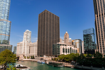 Panorama cityscape of Chicago downtown and River with bridges at day time, Chicago, Illinois, USA. A vibrant business neighborhood