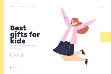 Best gifts for kids concept of landing page with happy little girl jumping up with raised hands