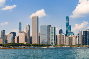 A picturesque view of Downtown skyscrapers of Chicago skyline panorama over Lake Michigan at daytime, Chicago, Illinois, USA