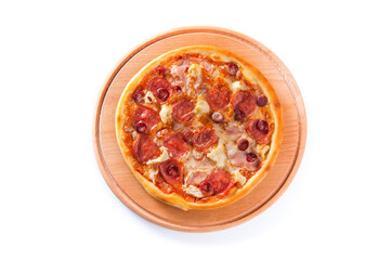 meat pizza lies on a wooden round board on a white background