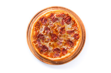 meat pizza lies on a wooden round board on a white background