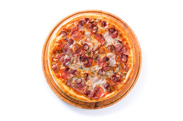 meat pizza lies on a wooden round board on a white background