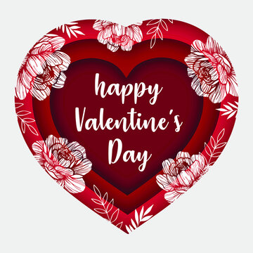 Happy valentine's day banner. Paper cut red heart, flowers, white background. Holiday design for happy valentine day greeting card, poster, banner, paper cutout art style. Vector illustration