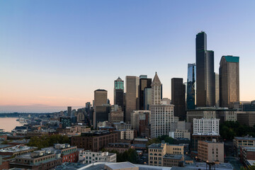 Naklejka na ściany i meble Seattle aerial skyline panorama of downtown skyscrapers at sunrise, Washington USA.