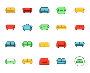 Sofa set line icons in flat design with elements for web site design and mobile apps.  Collection modern infographic logo and symbol. House vector line pictogram