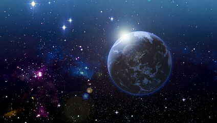 Surface of Earth planet in deep space. Outer dark space wallpaper. Night on planet with cities lights. View from orbit. Elements of this image furnished by NASA.