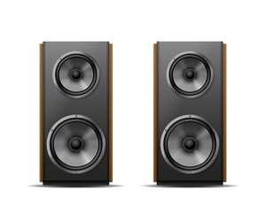 Obraz premium Realistic sound speaker in black. Music loudspeaker, sub woofer acoustic stereo musical equipment