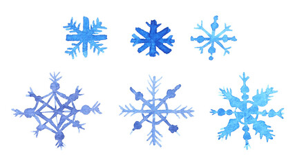 Fototapeta premium Winter crystal snowflakes in blue watercolor collection. Set of decor element for christmas, new year in aquarelle. Symbol of snow, blizzard painted with brush. Isolated illustration on white backdrop