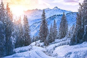 Paysage de montagne sous la neige au coucher de soleil