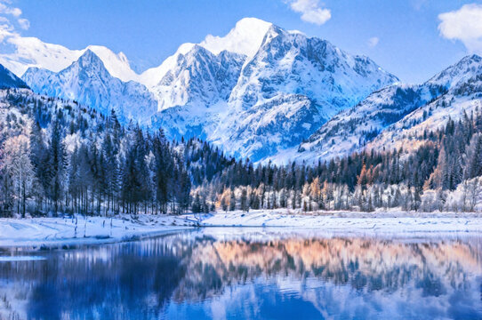 Paysage de montagne sous la neige avec un lac d'altitude au premier plan