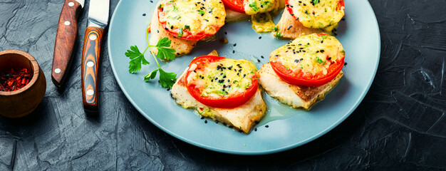 Fish baked with cheese,pangasius fillet on plate