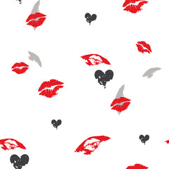 Colorful seamless pattern with lipstick kisses, hearts and shapes for Valentine's Day. Endless background with fuchsia lips imprints, lines and hearts. Vector backdrop for fabric or wrapping. Grey